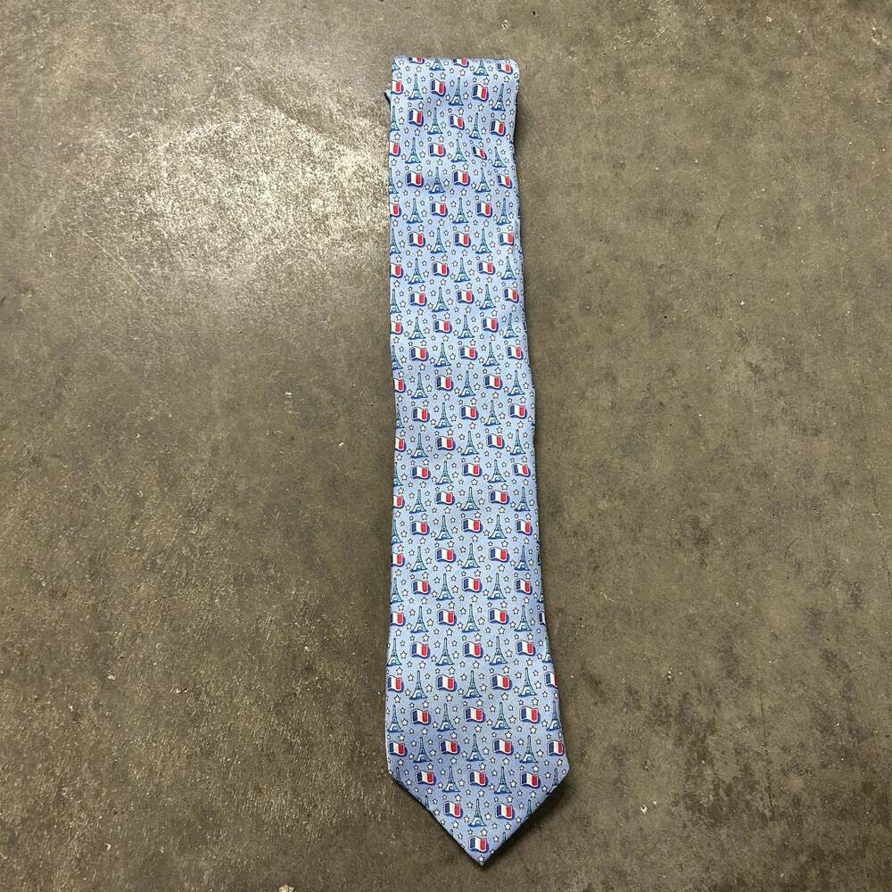 Vineyard Vines Paris Eiffel Tower & French Flags Silk Necktie Light Blue